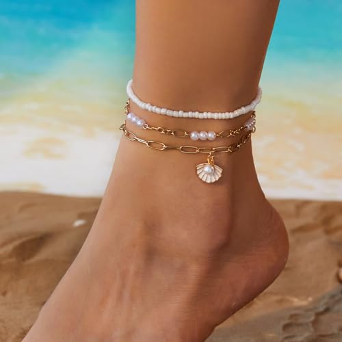 Boho Shell Ankle Bracelet Set for Women Gold Plated Adjustable Anklet Beach Inspired Foot Jewelry with Starfish & Pearl Charms - color: D