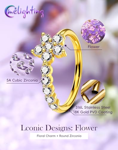 Melighting 20G Butterfly Nose Ring Hoop 8 mm Open Seamless Nose Piercing Jewelry Surgical Steel 316L, Twist Nostril Ring with Marquise and Round CZ, Silver Flower Body Piercing for Women - style: Flower Gold