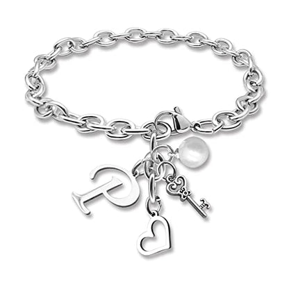 Initial A-Z Bracelets Gift for Women Girls Stainless Steel Chain Bracelet 26 Alphabet Jewelry Gifts for Birthday Anniversary Letter Bracelet Monogram Gifts for Sister Friend Girlfriends Mom 8.26 Inch - color: P