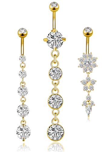 3-6PCS 14G 316L Stainless Steel Belly Button Rings for Women Navel Rings Barbell Dangle Flower CZ Body Piercing - color: C: 3 Pcs Gold-tone