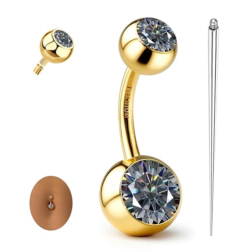 GEMQUEEN Moissanite ＆ G23 TItanium Belly Button Ring 18K Gold Plated Hypoallergenic Internally Threaded Belly Rings 14G Ball Navel Piercing Jewelry for Women Men D Color VVS1 Clarity Brilliant Cut - color: Gold-Gray Moissanite Stone, size: 10mm Length