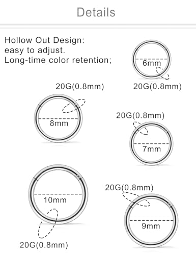 10PCS 20G/18G Surgical Steel Hinged Clicker Segment Nose Rings Hoops Septum Lip Ring Hoop Cartilage Tragus Helix Sleeper Earrings Piercing Jewelry for Women Men 6mm 7mm 8mm 9mm 10mm - color: 20g,6/7/8/9/10mm,slivertone