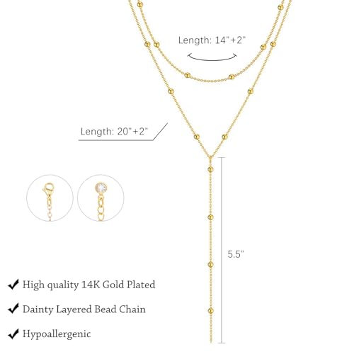 LULII Gold Necklace for Women Trendy Lariat Y Necklace Dainty 14k Gold Plated/Silver Long Necklaces for Women Layered Beaded Drop Necklaces Simple Y-Shaped Chain Jewelry Gifts - color: Y Layered Bead Necklace-Gold