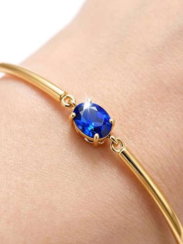 Moissanite/Sapphire/Ruby/Emerald Cuff Bracelet 1 Carat Oval Cut Center Stone Inlaid 925 Sterling Silver 14K Gold Plated Adjustable Birthstone Bangle for Women fit Wrist 5-7.5 Inch - color: Sapphire Gold