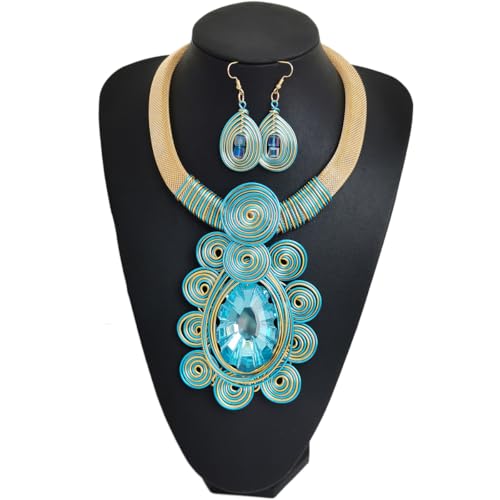 African Jewelry Sets Statement Big Crystal Pendent Necklace Earrings Set For Women Handmade Bib Collar Costume Tribal Fashion Accessories - color: KDLUN5305 Sky Blue
