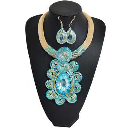 African Jewelry Sets Statement Big Crystal Pendent Necklace Earrings Set For Women Handmade Bib Collar Costume Tribal Fashion Accessories - color: KDLUN5305 Sky Blue