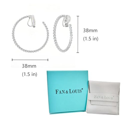 FAN&LOUIS 24K Gold Plated Hoop Clip On Earrings for Women, Gold Beaded Hoop Trendy Hypoallergenic Non Pierced Earrings Painless Lightweight 38mm Clip-On Earrings - style: Silver