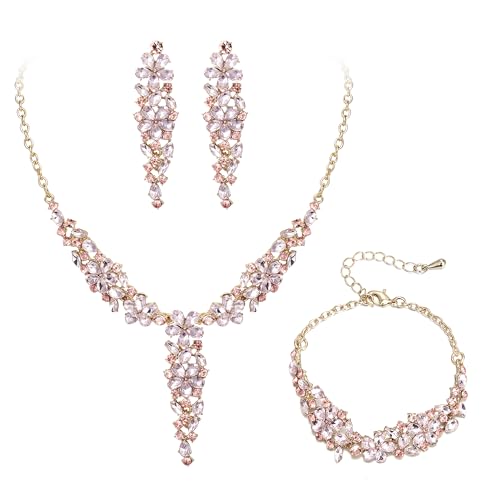 EleQueen Statement Sparkle Crystal Necklace Bracelet Dangle Earrings Set for Women, Art Deco Prom Chandelier Jewelry for Wedding Bridal - color: Pink-Gold-Plated-Base