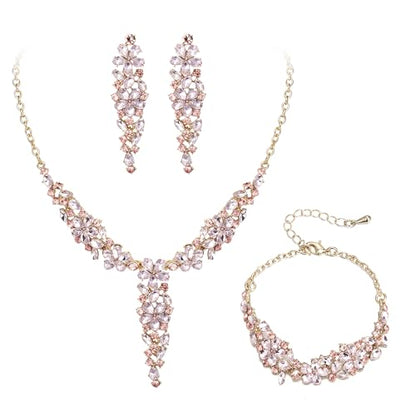 EleQueen Statement Sparkle Crystal Necklace Bracelet Dangle Earrings Set for Women, Art Deco Prom Chandelier Jewelry for Wedding Bridal - color: Pink-Gold-Plated-Base