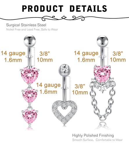 MODRSA Gold Belly Button Ring Dangle Belly Rings Silver Pink Dangling Dangly Belly Button Piercing Hypoallergenic Surgical Steel Opal Butterfly Navel Rings for Women Cute Dainty Navel Jewelry - color: B2- heart 3pcs - silver pink