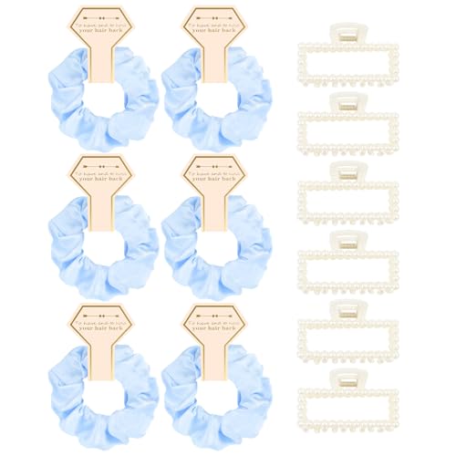 Bridesmaid Proposal Gifts, 12 PCS Bridesmaids Silk Hair Scrunchies & Pearl Hair Clips Set for Women Girls Bachelorette Party Favors Bridal Shower Favors Bridesmaids Gifts for Wedding Day (Blue) - color: Blue