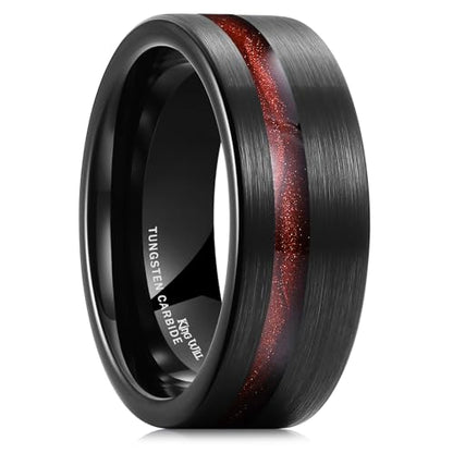 King Will Tungsten Rings for Men with Galaxy Shell Sand Meteorite Inlay | Black, 8mm, Brushed, Pipe Cut, Shell inlay, Everyday Wear - color: Black Red