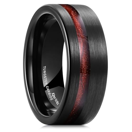 King Will Tungsten Rings for Men with Galaxy Shell Sand Meteorite Inlay | Black, 8mm, Brushed, Pipe Cut, Shell inlay, Everyday Wear - color: Black Red