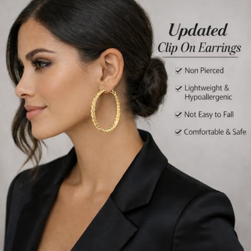 Symvikio Large Clip On Hoop Earrings for Women,14K Gold Big Circle Clip Hoops Chunky Earring Clips for Non Pierced Ears Lightweight Jewelry Gifts 50mm - color: Gold