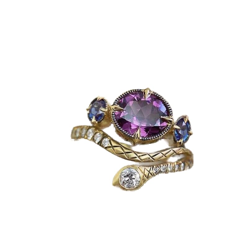18k Gold Artistic Retro Copper Set with Amethyst Unique Sapphire Exotic Purple Zircon Snake Shaped Ring for Women's Exotic Party and Dinner Accessories Size 10 - size: US Code 10