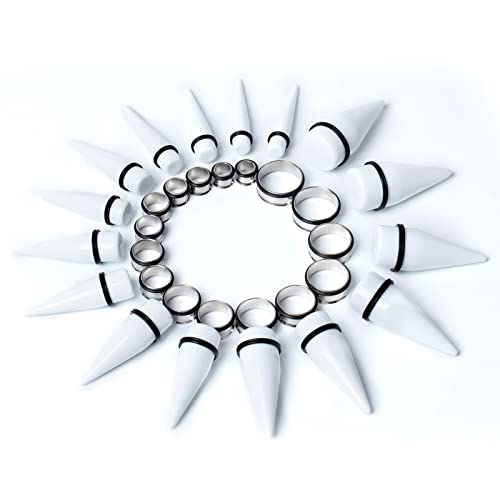 32 PCS 00G - 24mm Ear Taper Kit Gauge Stretching Kit | Hypoallergenic surgical Stainless steel Tapers Tunnels Plugs, body piercing jewelry for women and men - color: White