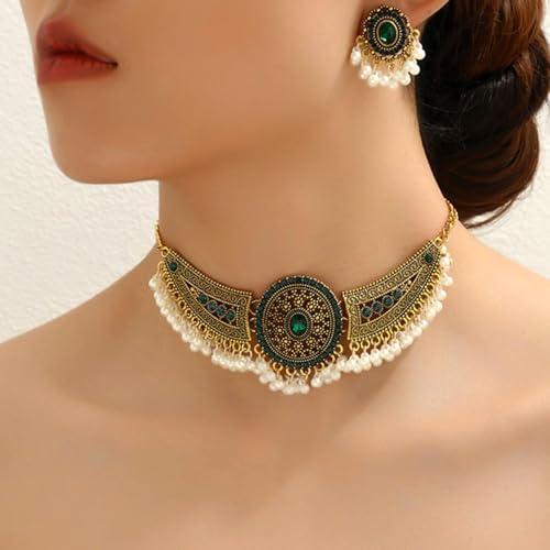 Frodete Indian Jewelry Sets for Women Traditional Bohemian Wedding Jewelry Set Indian Dresses for Women Oxidized Ethnic Party Prom Wear - color: C1:green indian jewelry sets