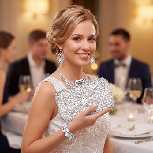 Quelay 4 Pcs Purse Rhinestone Jewelry Set Women | Wedding Bridal Prom Jewelry Sparkly Clutch Handbag with Necklace Bracelet Dangle Earrings Shiny Costume Kit - color: Silver, style: Opulent