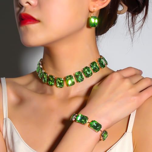 KOSMOS-LI Rectangle Faux Crystal Jewelry Sets Includ Necklace Bracelet Earrings For Women Stocking Stuffers - color: green