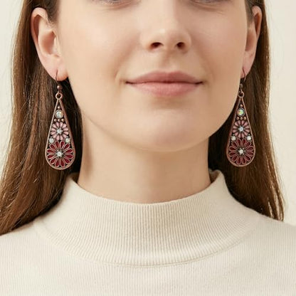 Bohemian Crystal Teardrop Dangle Earrings, Copper, Tribal Geometric Design, Handmade National Style for Women - color: Purple & Red