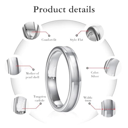 Vakki 4mm 6mm Womens Rose Gold Tungsten Carbide Ring with Mother of Pearl Shell/Marble Inlaid Wedding Band Comfort Fit Size 5-12 - color: B-4mm-Mother of Pearl & Silver