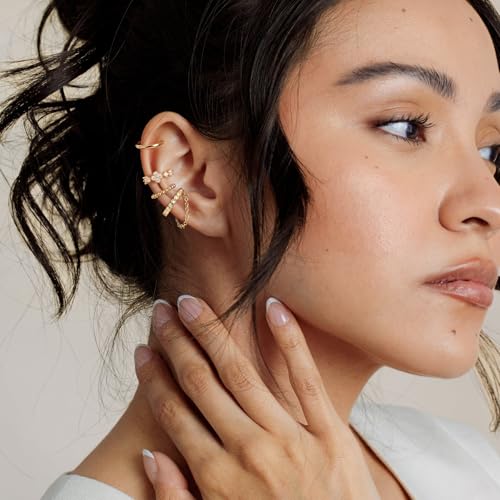 14K Gold Plated Ear Cuff Earrings for Women, Dainty Ear Cuffs Non Piercing Clip on Earrings Trendy Non pierced Cubic Zirconia Fake Hoop Earring Jewelry Sets for Women - color: Gold-5