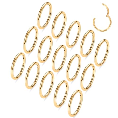 MOQIKAKA16G 18G 20G Surgical Steel Nose Septum Rings Hoops - Stainless Steel Hinged Clicker Segment Nose Rings Hoop Helix Cartilage Daith Tragus Sleeper Earrings, Ear Plugs Tunnels Gauges - color: Classic Gold 15PCS, size: 16g 10mm