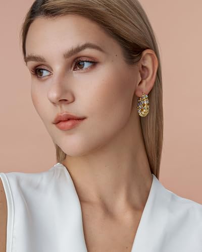 18K Gold Plated Chunky Curve Twisted Open Hoop Statement Stud Earrings with CZ for Women by SNGIA, Large Handmade Spiral Texture Braided Formal Trendy Hoop Jewelry Gifts, Big Circle Geometric Shell Beachy Vacation Fashion Hanging Earrings Accessories, Vin