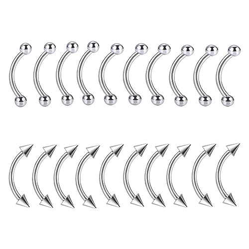 Bulk 20pc 16G Surgical Steel Curved Barbell 6mm-14mm Eyebrow Bar Ball Cone Ring Ear Piercing Jewelry Set - color: Shape: Ball & Cone, size: Bar Length: 14mm