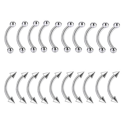 Bulk 20pc 16G Surgical Steel Curved Barbell 6mm-14mm Eyebrow Bar Ball Cone Ring Ear Piercing Jewelry Set - color: Shape: Ball & Cone, size: Bar Length: 12mm