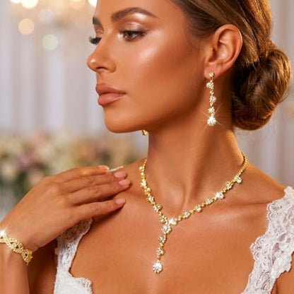 Aukmla Rhinestone Wedding Prom Jewelry Sets Silver Diamond Necklaces and Earring Bracelet Set for Brides and Women - color: Gold