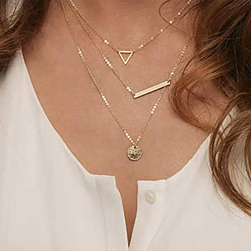 Turandoss Dainty Layered Choker Necklace, Handmade Y Pendant Necklace Multilayer Bar Disc Necklace Adjustable Layering Choker Necklaces for Women - style: 3PCS - Triangle&Bar&Hammered Disc