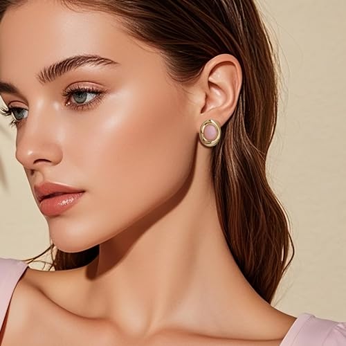 Jean Beau Chunky Gold Stone Stud Earrings for Women, Trendy Natural Gemstone Hypoallergenic Earing Valentine Jewelry Gift - color: Rose Quartz