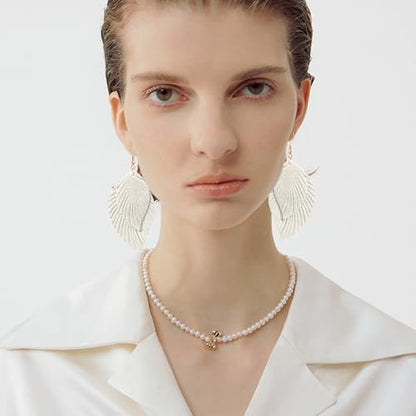 Handmade Bohemian Large Soft Genuine Leather Fringe Double Feather Dangle Drop Earrings Lightweight Simple Color PU Leaf Hook Earrings for Women - color: White