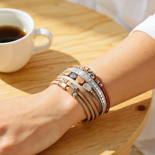 Leather Wrap Bracelets for Women, Boho Leopard Multi-Layer Crystal Beads Cuff Jewelry - color: J-Warp-025