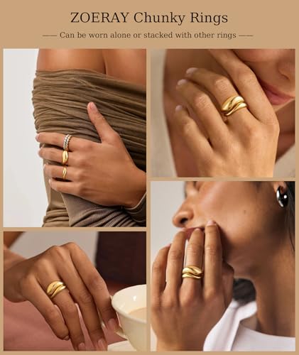 ZOERAY Chunky Gold Rings for Women Non Tarnish 14K Gold Plated Stackable Rings for Women Pinky Thumb Statement Engagement Eternity Wedding Band Ring Set Waterproof Gold Jewelry Rings Gifts Size 6-10