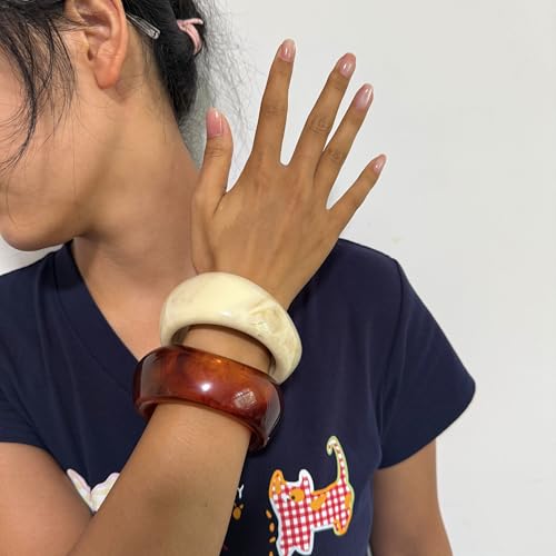2PCS Chunky Acrylic Bracelet for Women Large Square Resin Cuff Vintage Open Bangle Bracelets Wide Geometric Jewelry - style: K-Red+Beige