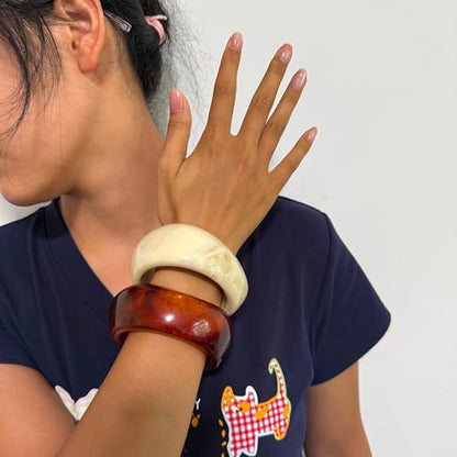 2PCS Chunky Acrylic Bracelet for Women Large Square Resin Cuff Vintage Open Bangle Bracelets Wide Geometric Jewelry - style: K-Red+Beige