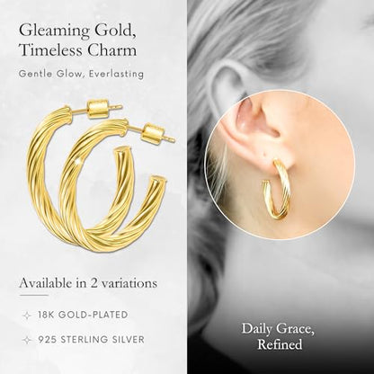 18K Gold Plated Sterling Silver Earrings for Women – Pure & Polished, Twist, Square, Hinged Tube, Abstract & Heart Shape Hoops – Lightweight, Hypoallergenic, Non-Tarnish Jewelry (Sizes: 3x35mm-46x30mm) - color: Gold, size: Twist Hoop (4x25x30mm)