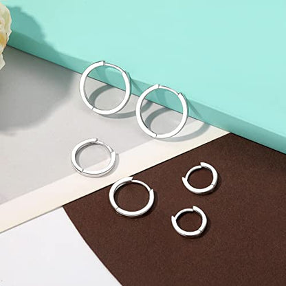 3 Pairs 925 Sterling Silver Hoop Earrings 14K White Gold Plated Small Silver Hoops Cartilage Huggie Earrings for Women Men - color: A-Silver 8/10/12mm