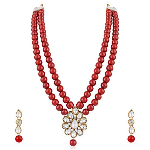 Aheli Wedding Faux Kundan Pendant Beaded Necklace Earrings Set Bollywood Indian Bharatanatyam jewellery set Gift for Women - color: Maroon