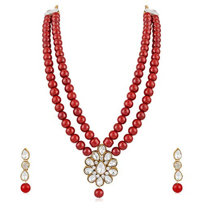 Aheli Wedding Faux Kundan Pendant Beaded Necklace Earrings Set Bollywood Indian Bharatanatyam jewellery set Gift for Women - color: Maroon