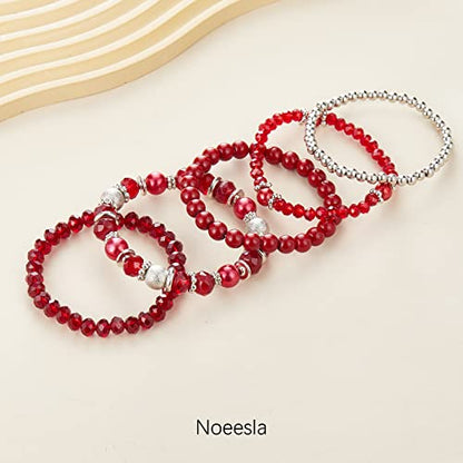 Noessla Beaded Pearl Stretch Bracelet Silver Stackable Crystal Beads Bracelets Trendy Costume Jewelry Mothers Day Gifts for Women - color: Red