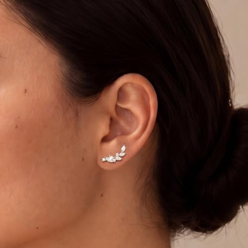 Ear Climber Earrings for Women, 14K Gold Plated/Silver Plated | Crawler Earrings Pierced with Cubic Zirconia, Hypoallergenic Cluster Stud Tragus Conch Daith Cartilage Jewelry Gift for Daily - color: Silver-2
