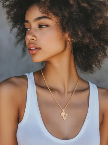 U7 Crown Initial Necklace Men Women, Bling Diamond A-Z 0-9 Letter Pendant with Wheat Chain, Silver/Black/Gold Plated CZ Alphabet Number Hip Hop Jersery for Father Husband - color: a. Gold, size: 22. V