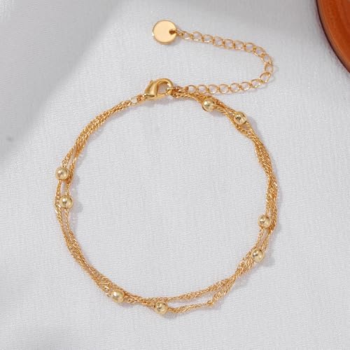 SLOONG 14K Gold Plated Pearl Bracelets for Women Trendy | Dainty Stackable Layered Chain Bridesmaid Bracelets, Waterproof Wedding Jewelry for Women Adjustable 6"+2" - color: Style7(Ripple Chain)