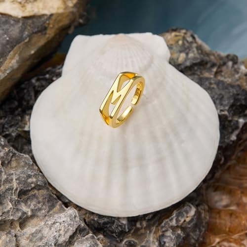 Cicy Bell Initial Rings for Women 18k Gold Plated Adjustable Rings | Open Signet Rings, Bold Letter, Personalized Engraved, For Party - color: Initial-M