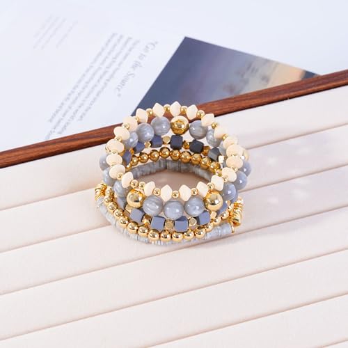 Boho Beaded Stretch Bracelets For Women Stackable Crystal Gold Plated Beaded Bracelets Set Trendy Handmade Friendship Braeclet Jewelry Gifts - color: F-Wooden bead set