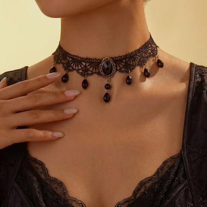 Qceasiy Gothic Black Necklace for Women, Adjustable Victorian Velvet Lace Collar, Halloween Party Cosplay Jewelry Gift - style: Gem Pendant
