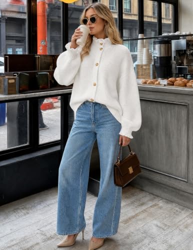 MEROKEETY Women's Fall Trendy Chunky Knit Cardigan Casual Ruffle Sweaters | Button Down, Long Sleeve, Cute Ruffle Collar, Mock Neck, Fashion Cozy Knit Sweater, Dressy Casual Winter Outerwear Clothes - color: White, size: Medium